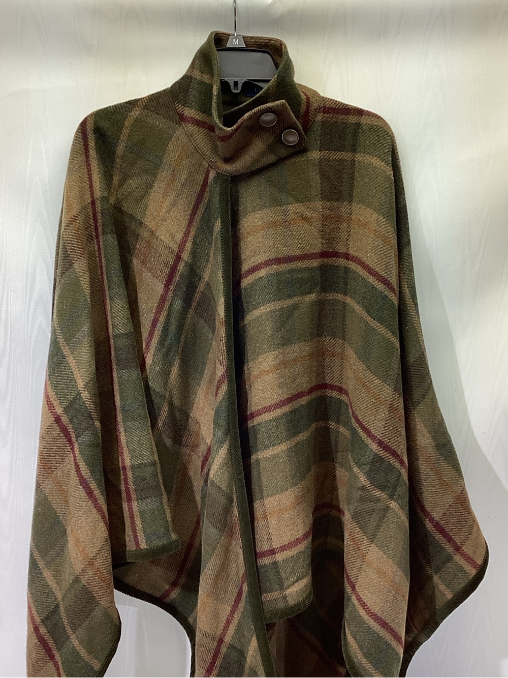 CHAPS Ralph Lauren Plaid Wool Blend Poncho Cape Wrap Green Maroon Size XL